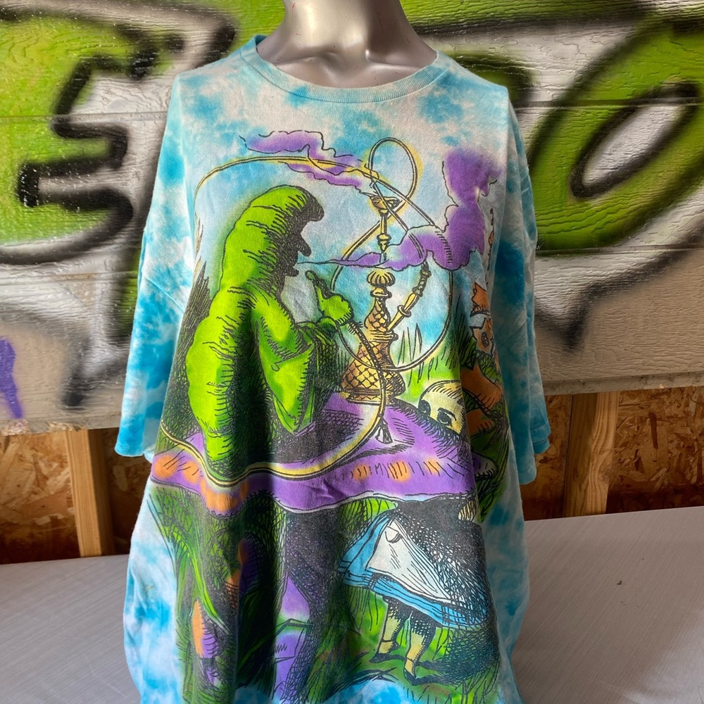 ALICE IN WONDERLAND Liquid Blue Hooka Smoking Caterpillar Tie Dye Shirt XXL